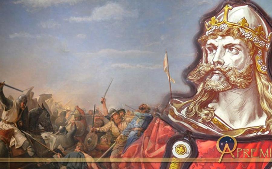 Stained Glass of King Harald (Colin Smith/CC BY-SA 2.0) and Battle of Stamford Bridge by Peter Nicolai Arbo