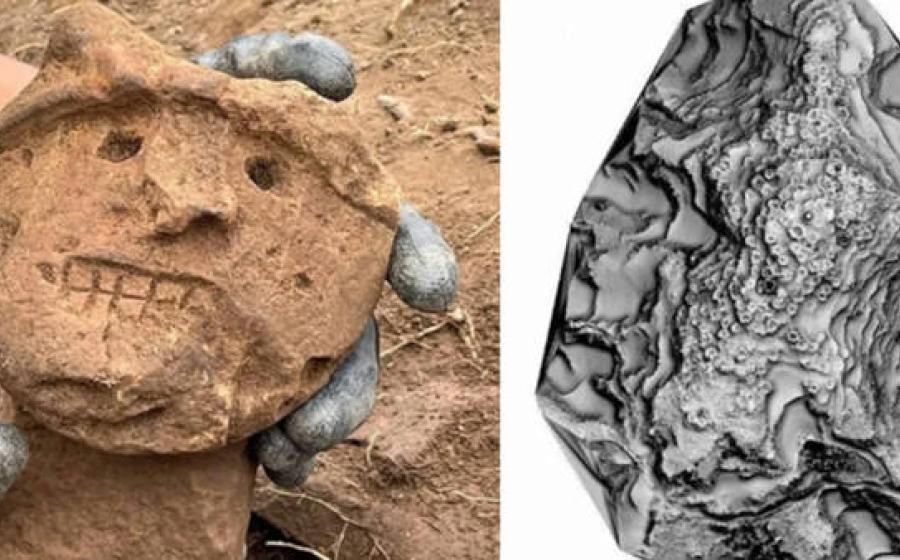 Left; ceremonial club head, Right; LiDAR of mountaintop city