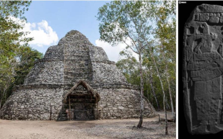 Right; Ancient Maya city of Cobá showing the extensive site layout. Maya stela 26, with the name of the queen mentioned. 