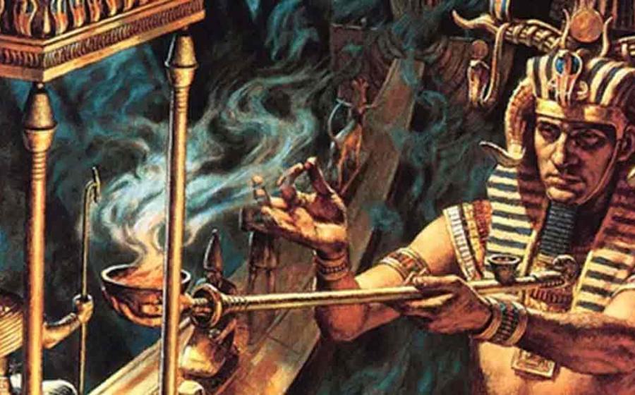 An artist’s imaginary depiction of a pharaoh burning herbs in a ritual. Source: Fair use