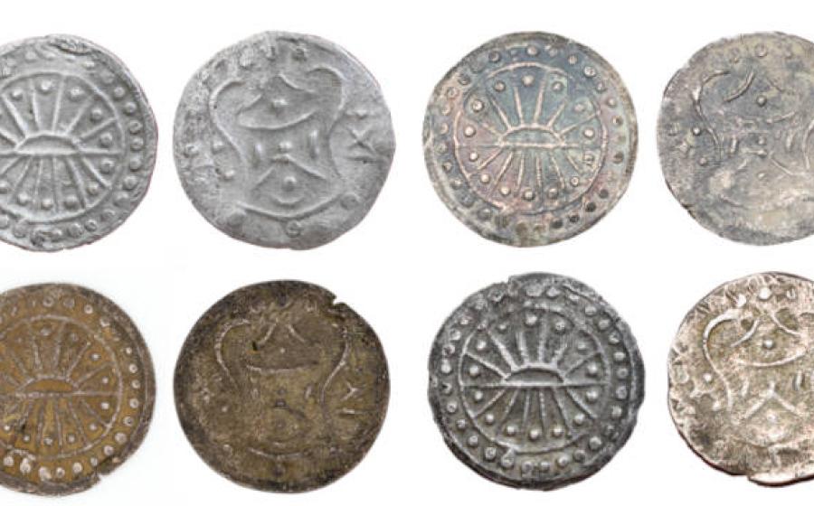 Select coins cast from pair O1/R1, from the Konlah Lan hoard, Angkor Borei