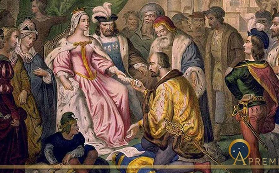 Christopher Columbus before the Catholic Monarchs at the court of Barcelona (V. Turgis, 19th century )  (Public Domain)