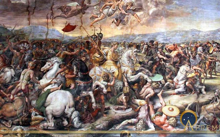 Battle of the Milvian Bridge between the Roman Emperors Constantine I and Maxentius on 28 October 312 AD by Giulio Romano ( 1520-24). Vatican City (Public Domain)