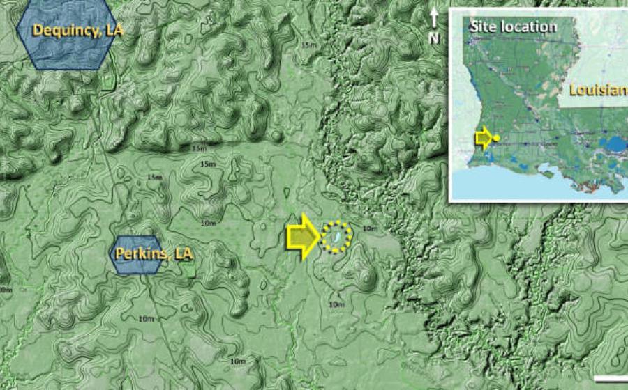 Louisiana airburst crater depression showing impact evidence from 12,800 years ago. The lake is located east of Perkins, LA