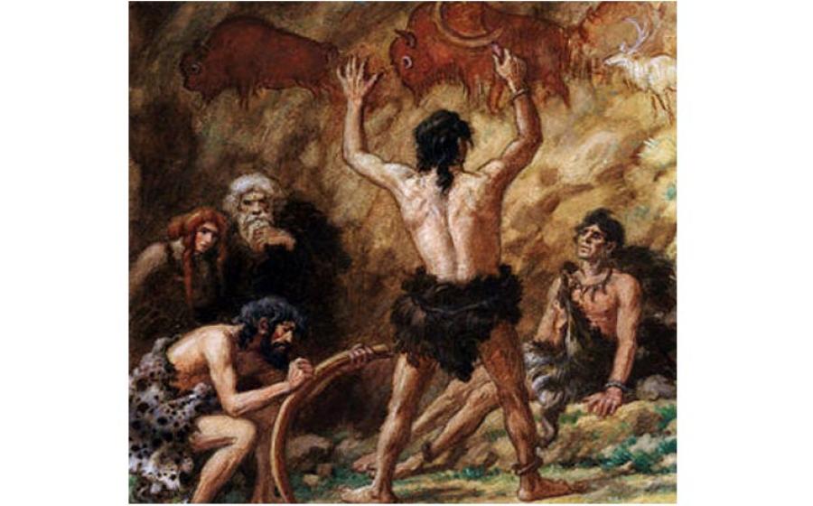 Cro-Magnon man communicating with each other and producing cave drawings 