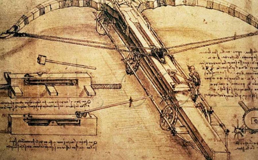 Leonardo da Vinci’s sketch of his invention of the giant crossbow. Public Domain