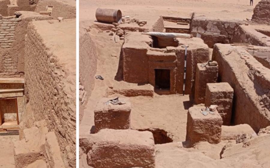 Views of the newly found tomb at Bir el-Shaghala, Dakla archaeological site, Egypt. 