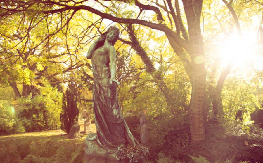Statue in Danish graveyard, struck by golden sunlight.