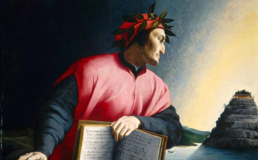 Dante holding open a copy of the Divine Comedy while gazing towards Mount Purgatory (1530), Agnolo Bronzino 