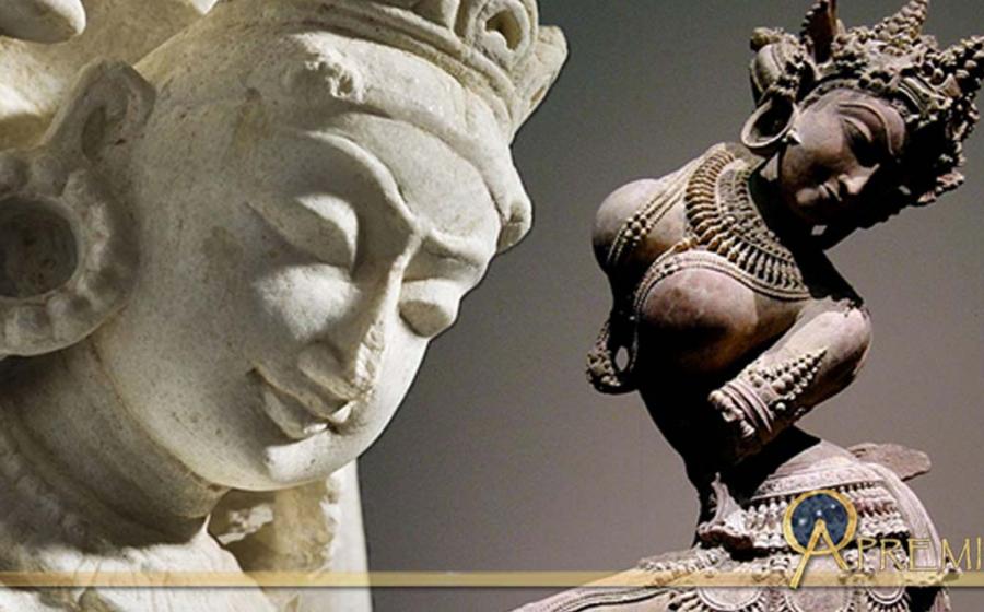 India, Rajasthan, 13th-14th century (Public Domain) and A 12th-century sandstone statue of a dancing Apsara from Uttar Pradesh, India.