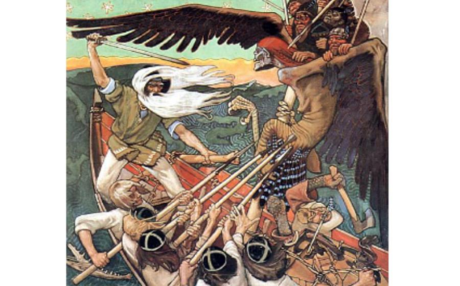 The Defense of the Sampo, by Akseli Gallen-Kallela, shows Louhi in the form of a flying, winged creature. Created in 1895 by unknown artist. 