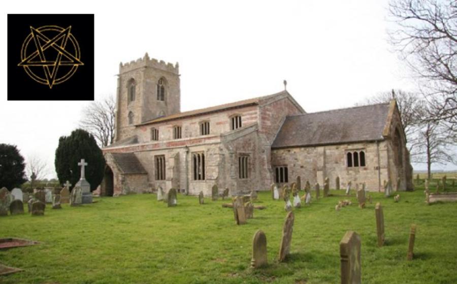 Main: The Church of St Botolph (‘the demon church’), Skidbrooke.       Source: Dave Hitchborne / CC BY-SA 2.0. Inset: Burning flames on a pentagram/satanic symbol. Source: Sunshine Seeds / Adobe stock