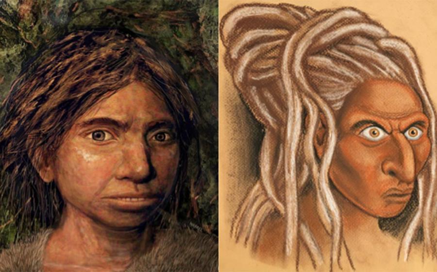 The reconstructed face of a Siberian Denisovan (right) alongside the Hebrew University’s own representation of a Sunda Denisovan (left).            Source: Left © Hernandez/Cartwright/Collins; b) © Maayan-Harel)