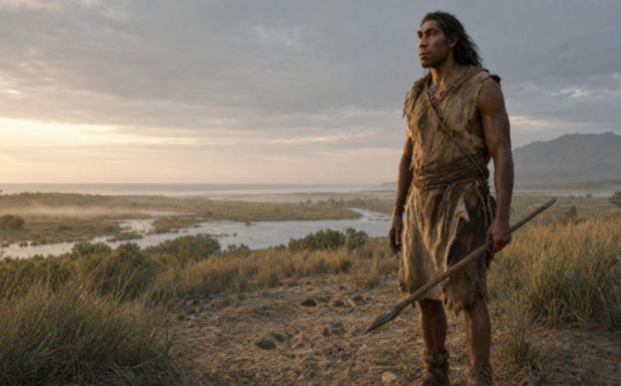 Representation of a tall Denisovan in an open landscape.