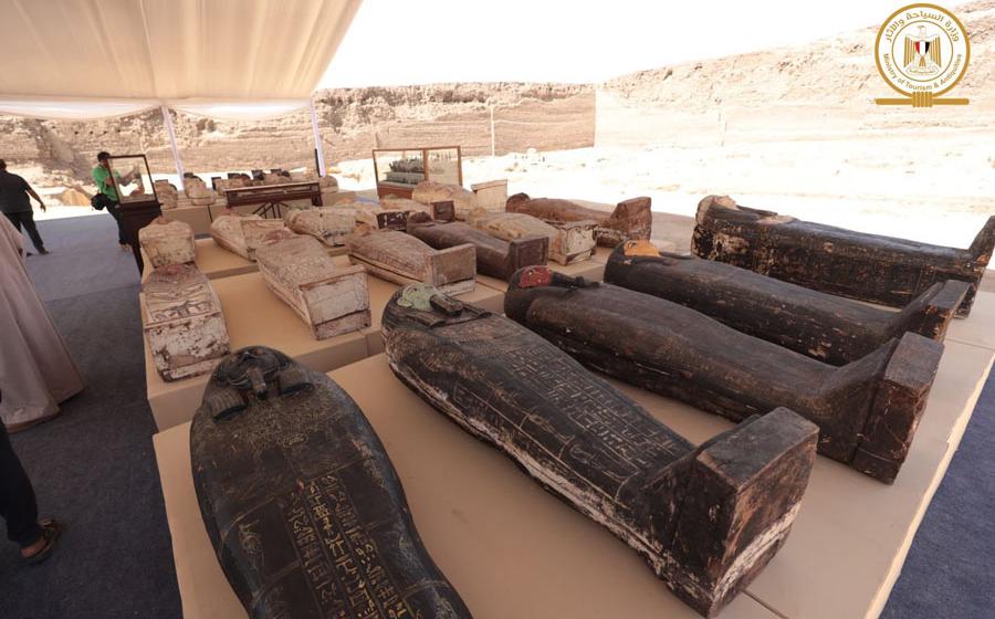 Some of the 250 newly discovered mummy sarcophagi at the outdoor pop-up Djoser exhibition in Saqqara south of Cairo.	Source: Egyptian Ministry of Antiquities