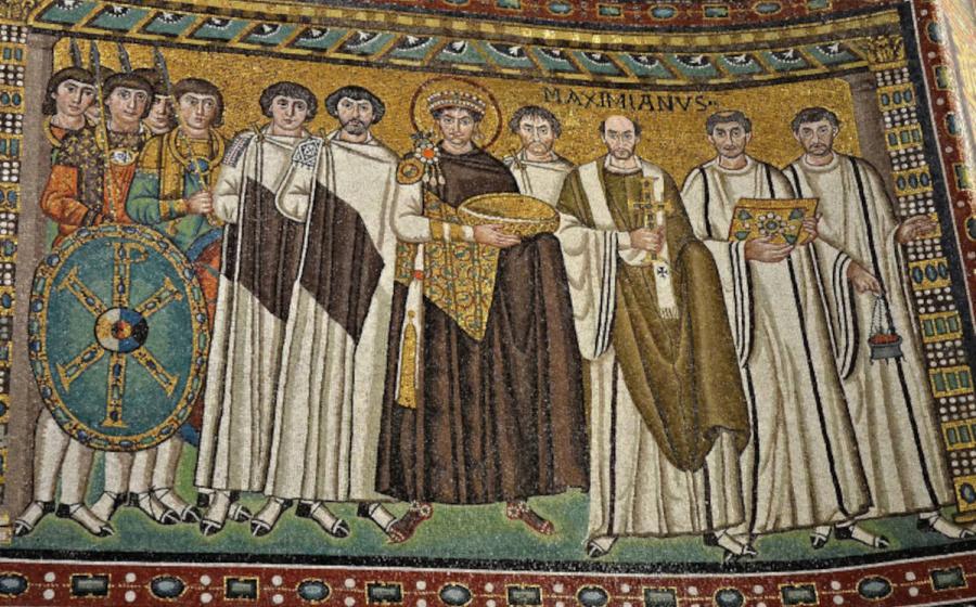 Sixth century mosaic of Emperor Justinian and his court in the Basilica of San Vitale in Ravenna. 