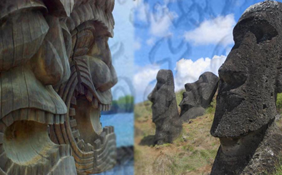Deriv; Hawaiian Tiki carvings and Easter Island statues with Rongorongo script 