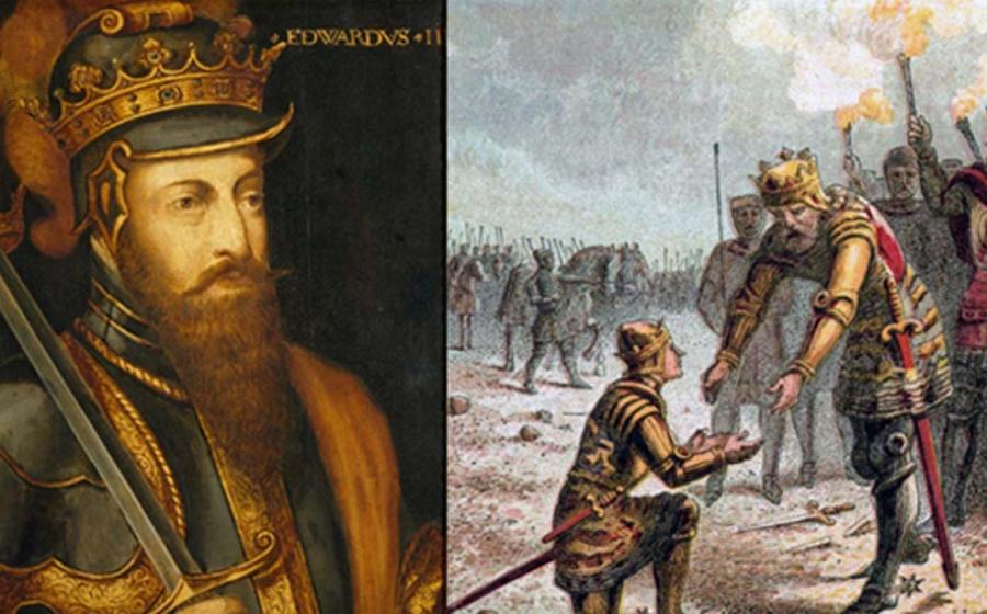 On Left – Portrait of Edward III of England. On Right – Edward III of England proudly receives his son, Edward the Black Prince, for the successful conduct of the Battle of Crécy.