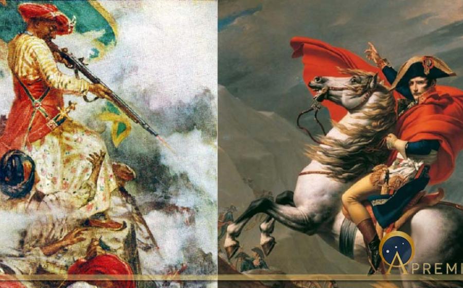 Napoleon Crossing the Alps. Oil on canvas by Jacques-Louis David, (1801 and 1805). Unteres Belvedere (Public Domain) and Tipu Sultan, known as the Tiger of Mysore, firing at his adversaries during the siege of Seringapatam, (1791). (Public Domain); Deriv. Design by Anand N. Balaji