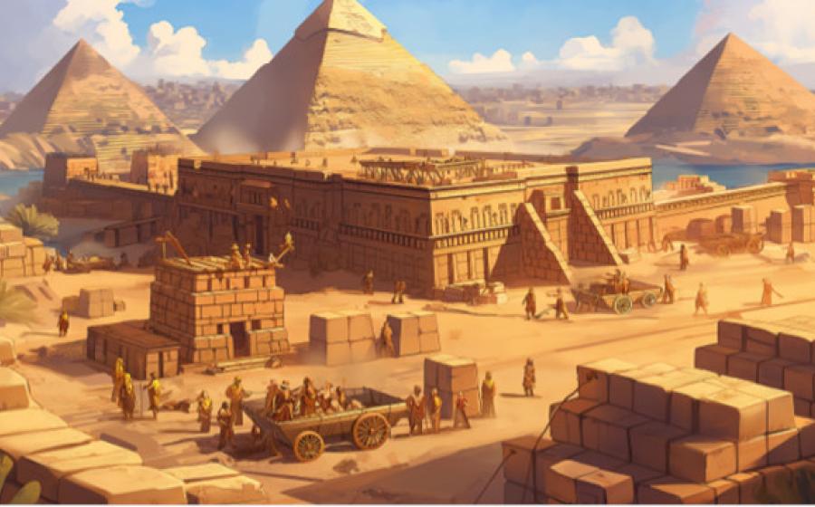 Ai generated image of builders on the Giza plateau.