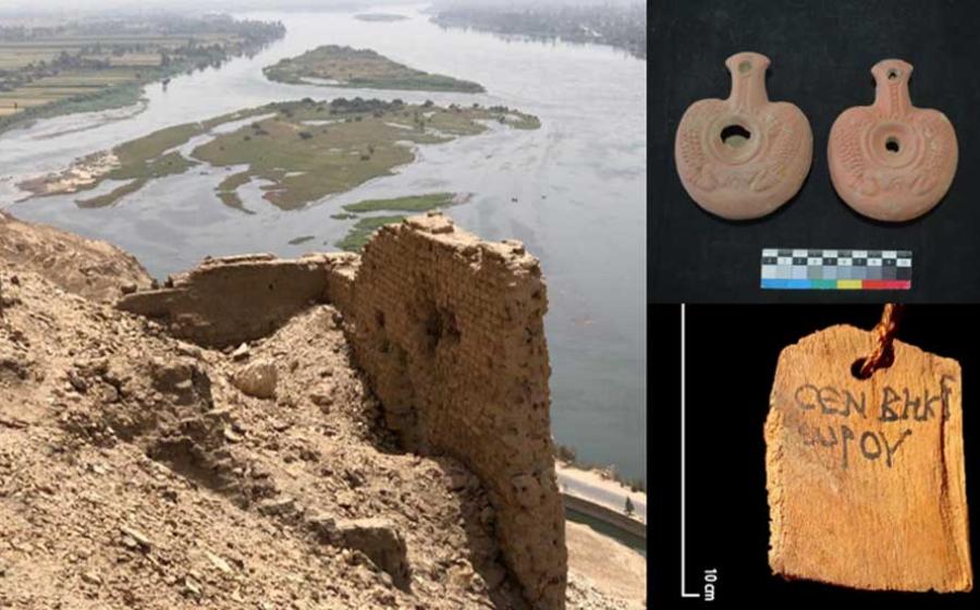 : Left; This sturdy mudbrick tower house overlooking the Nile River, found along with the 85 new Egyptian tombs. Right; Funerary permits for the graves found at the site.		Source: Ministry of Tourism and Antiquities