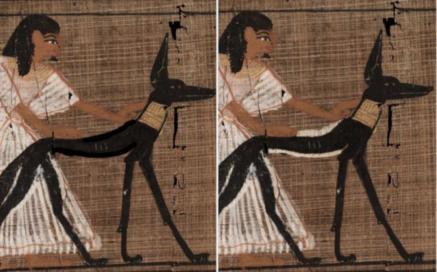 Before and after use of correction fluid on jackal god Wepwawet, in the Book of the Dead