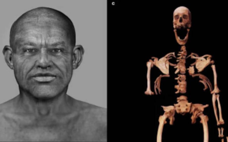 Left, Final facial depiction of the Nuwayrat individual. Right; The Nuwayrat individual’s partially complete skeleton