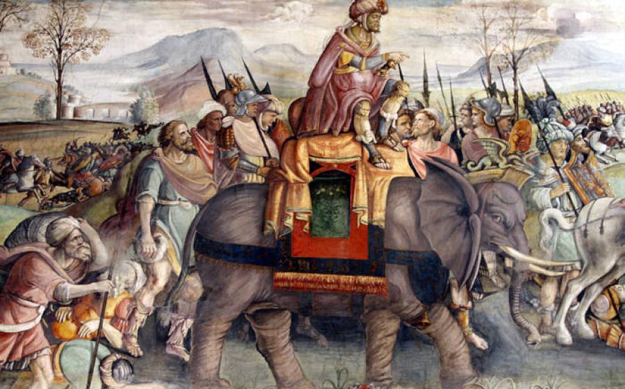 Painting Hannibal Crossing the Alps; detail from a fresco by Jacopo Ripanda