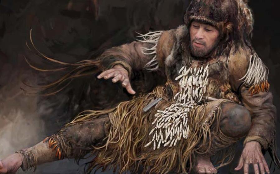 Adult male from grave 76a in Yuzhniy Oleniy Ostrov drawn as if he were alive during a dance session with 140 elk teeth on his chest, waist, pelvis, and thighs rattling rhythmically and loudly.  