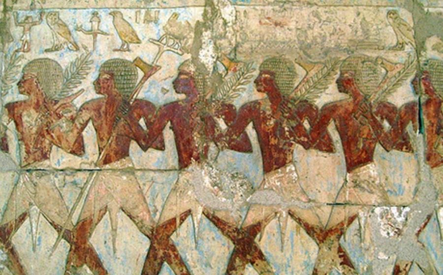 Members of Hatshepsut's trading expedition to the mysterious 'Land of Punt' from this pharaoh's elegant mortuary temple at Deir El-Bahri.