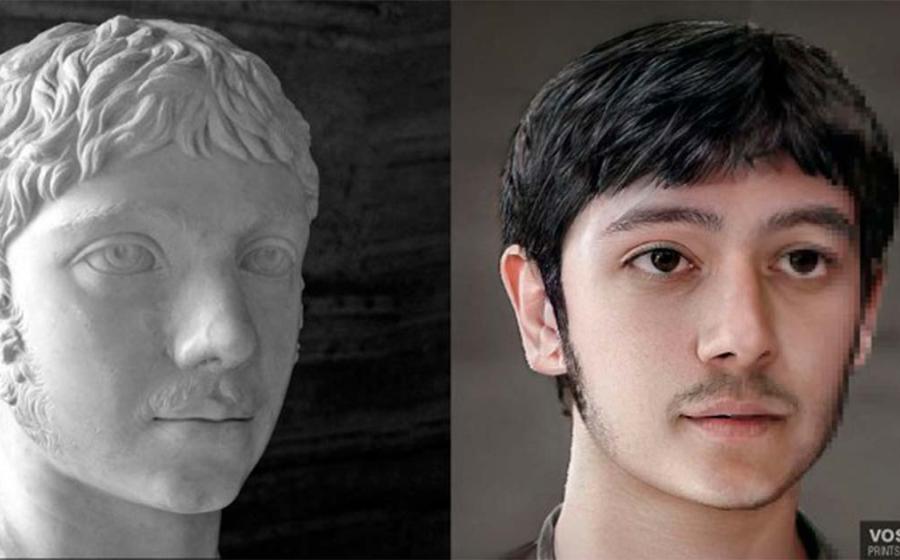 Roman Emperor Elagabalus bust, with a modern photo realistic reconstruction of his likeness based on this. Source: Left, © José Luiz Bernardes Ribeiro/CC BY-SA 4.0 ; Right, Daniel Voshart/ CC BY-NC-SA 4.0