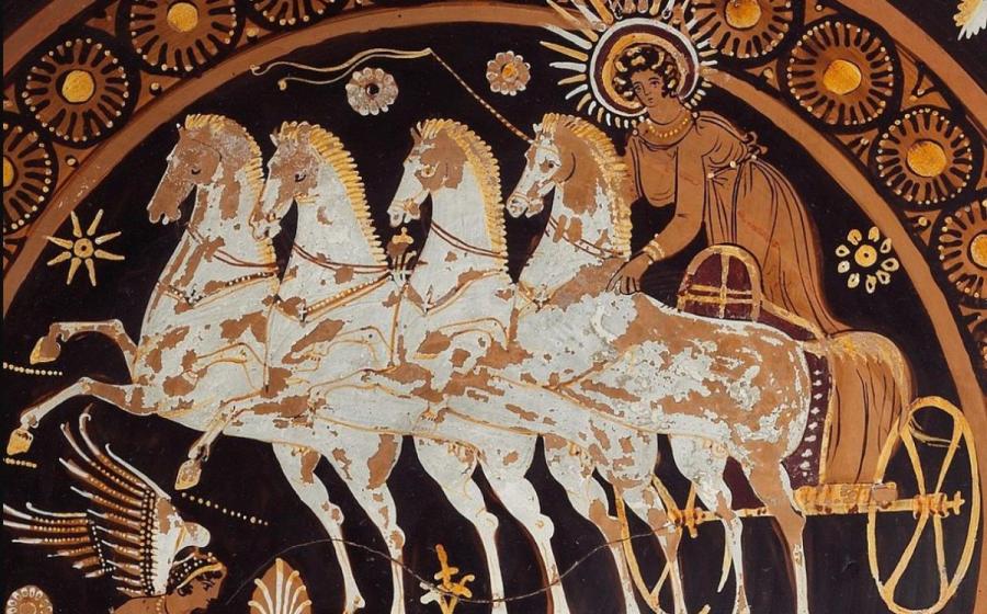 Eos on her chariot portrayed on black and red pottery.