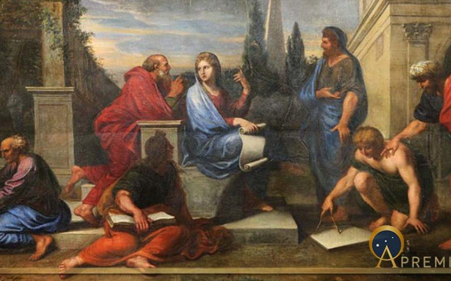 Aspasia surrounded by Greek philosophers, by Michel Corneille the Younger  (1670) Versailles (Public Domain)