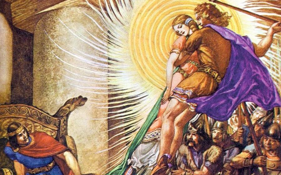 Midir and Etain flying up out of Eochaid's hall