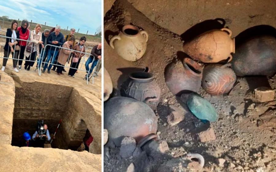 Left; Archaeologists at the opening of the Etruscan tomb dating back to the 7th century BC at the Osteria necropolis in Vulci, Italy.  Right; Artifacts in the tomb. Source: Municipality of Montalto di Castro