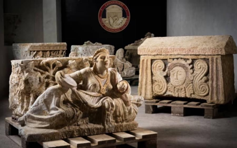 Ornate Etruscan artifacts that were seized by Italian police.