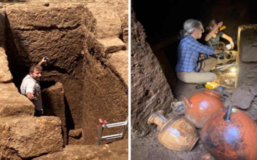 Left, the tomb entrance, Right, Intact Etruscan burial chamber at San Giuliano showing carved stone beds and preserved artifacts. Source: Baylor University
