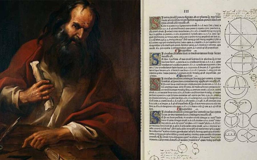 Left, Painting of Euclid. Right, A page first printed edition of Euclid's Elements.           Source: Fondazione Cariplo/CC BY-SA 3.0; Erhard Ratdolt /CC BY-SA 4.0