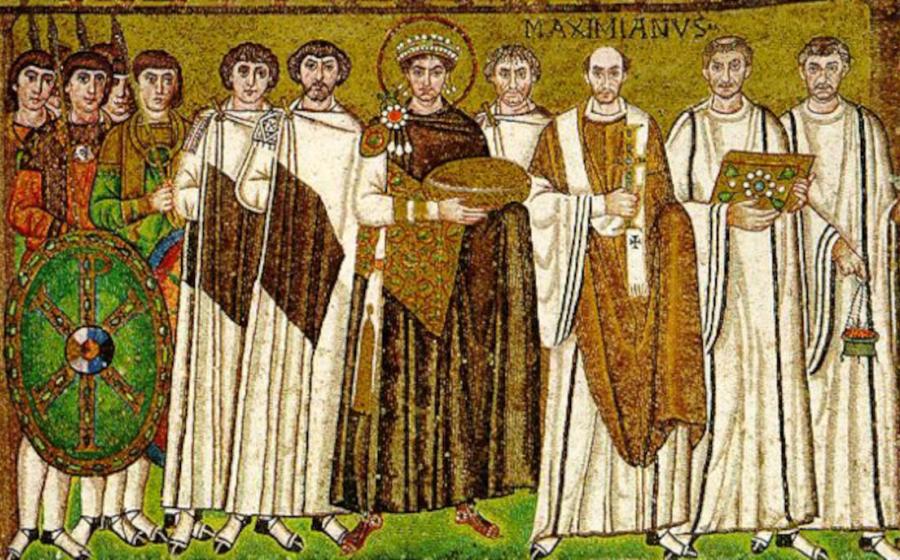 The person to the right of the haloed emperor Justinian is thought to be the eunuch Narses, a powerful Byzantine general