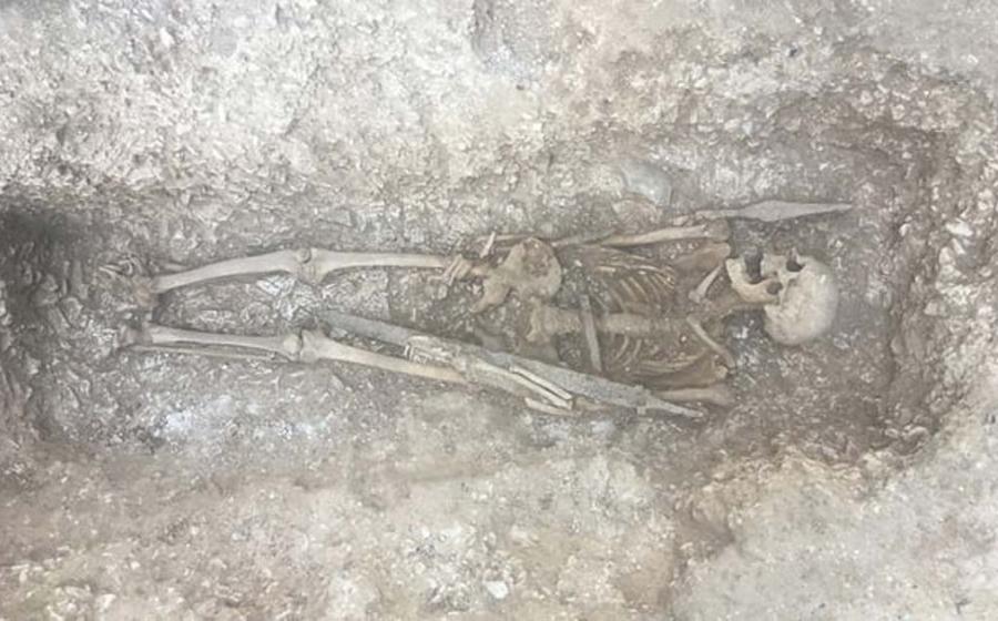 This 6th-century Saxon warrior with spear and sword, was found underneath a military trackway, frequently crossed by tanks and huge military vehicles.
