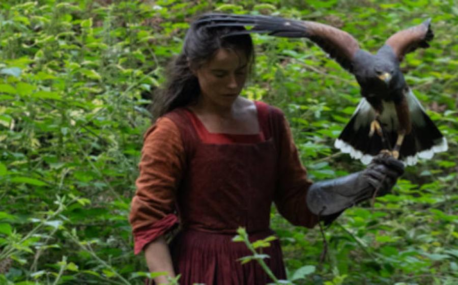 Agnes Hathaway (Jessie Buckley) and her hawk in Hamnet.