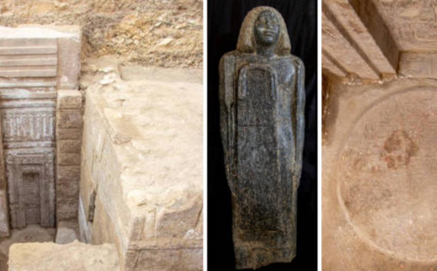 The massive pink granite false door discovered at Prince Userefre's tomb, statue from the tomb, offering table.