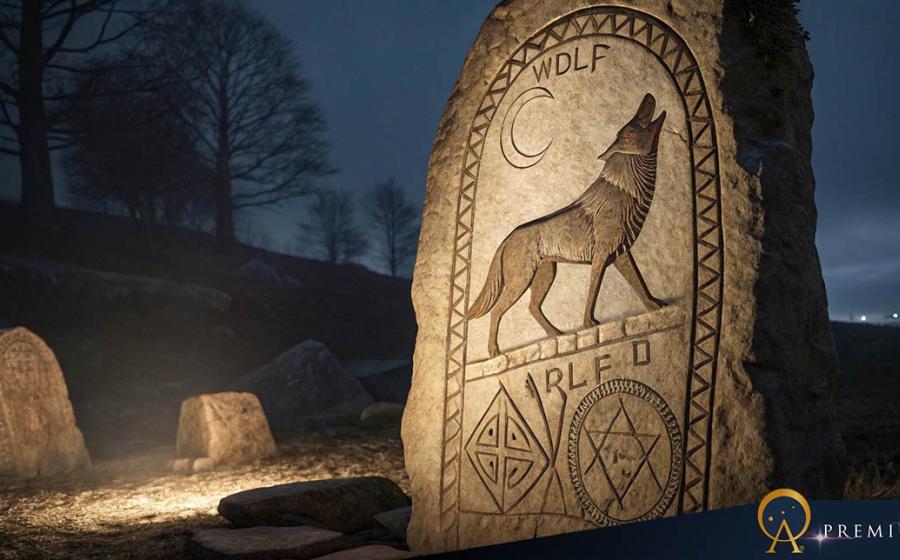 Ancient Norse rune stone carving showing wolf figures 
