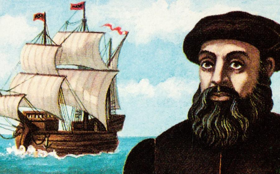 Portrait of Ferdinand Magellan and his ship Trinidad on postage stamp