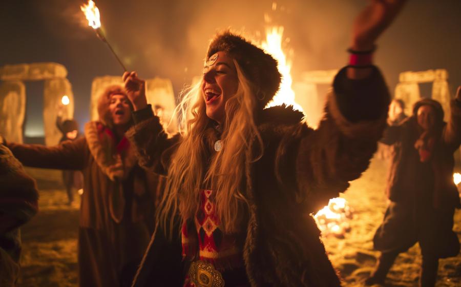 Britons partying at Stonehenge, AI generated.