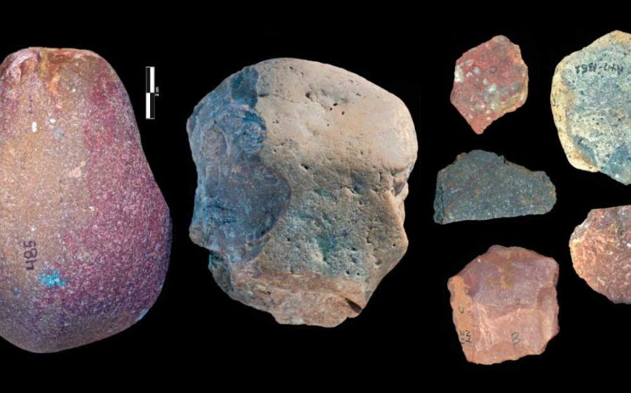 Examples of an Oldowan percussive tool, core and flakes dating from roughly 2.9 million years ago and found at the Nyayanga site in Kenya are seen in this undated handout image. Source: T.W. Plummer, J.S. Oliver, and E. M. Finestone/Homa Peninsula Paleoanthropology Project