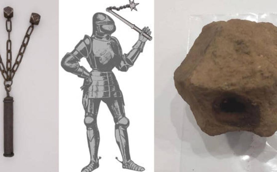 A medieval flail, a drawing of a knight with a flail, and the part of the flail-like weapon found.