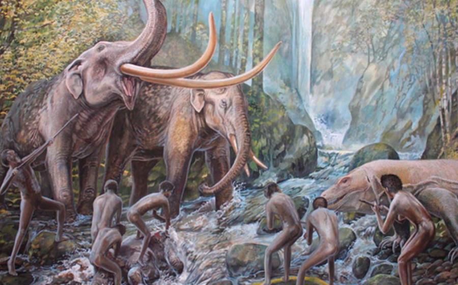 Flores hobbits may have arrived on leaf baskets.  Here they interact with stegodons and Komodo dragon. Source: Peter Schouten