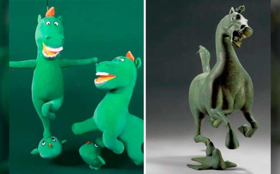 The Gansu Provincial Museum’s stuffed flying horse toy (left) based on the famous 2000-year-old bronze Flying Horse of Gansu (right) becomes museum’s most popular souvenir. Source: Weibo