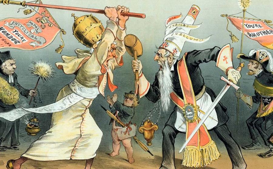 Representational image of the anti-Freemasonic standoff between Catholic Elites and the Freemasons. A 1884 satirical cartoon of Pope Leo XIII at war with Freemasonry by Joseph Keppler. Source: Public domain